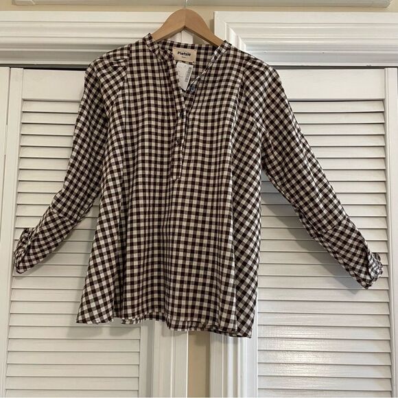 Pietsie Atlin Brwn/Wht Gingham Pull Over Long Full Sleeve Pleated Top Sz-M NWT! - Picture 8 of 9
